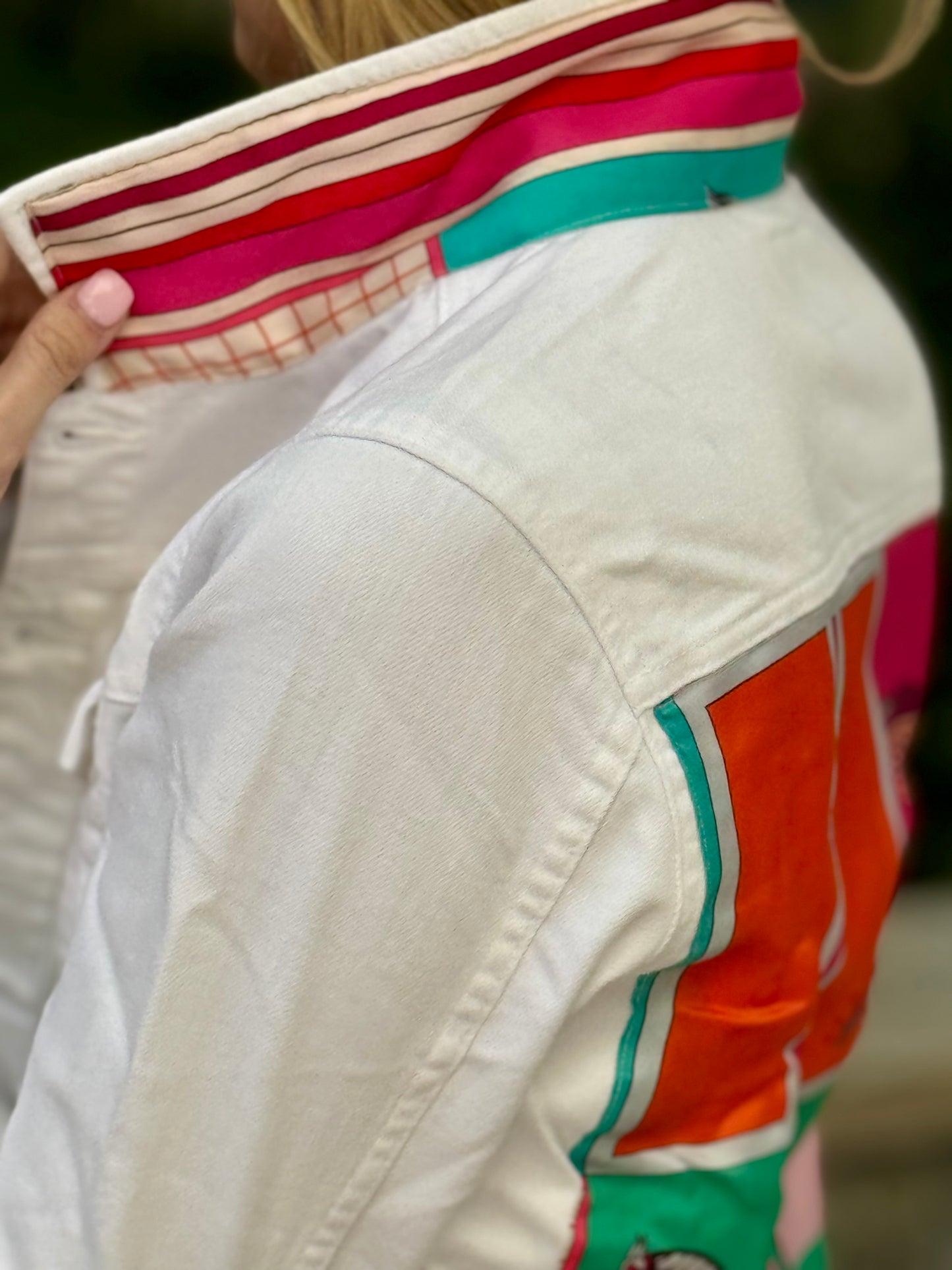 The White Denim Jacket / Pink Horse with Teal / Wholesale - Stacy Bradley Design