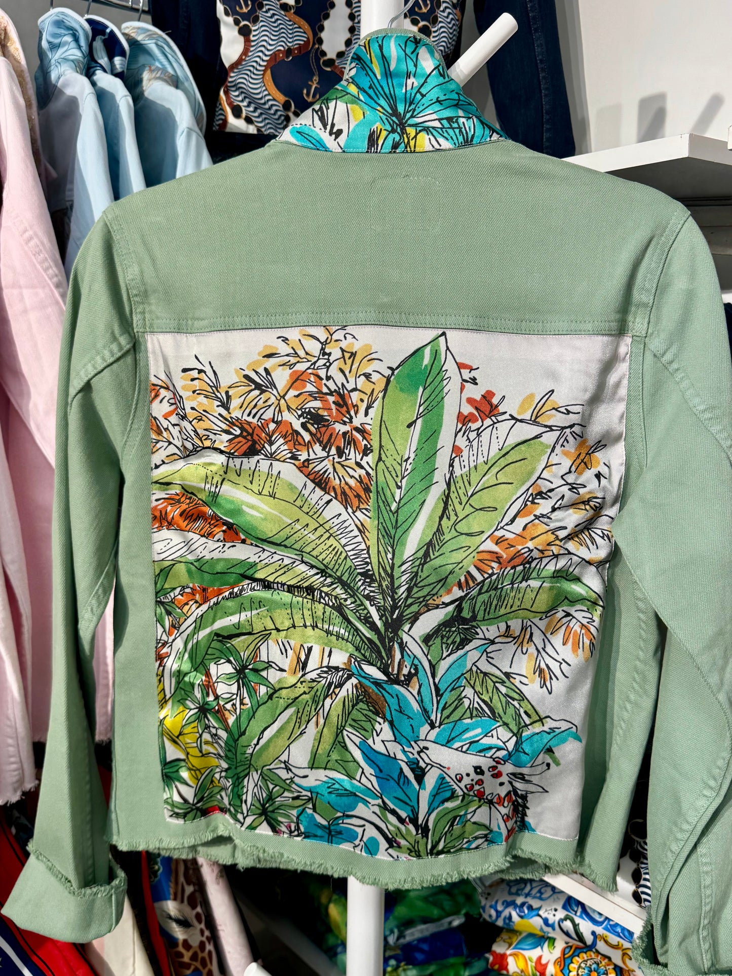 The Tea Leaf Green Denim Jacket / Paint a Palm - Stacy Bradley Design