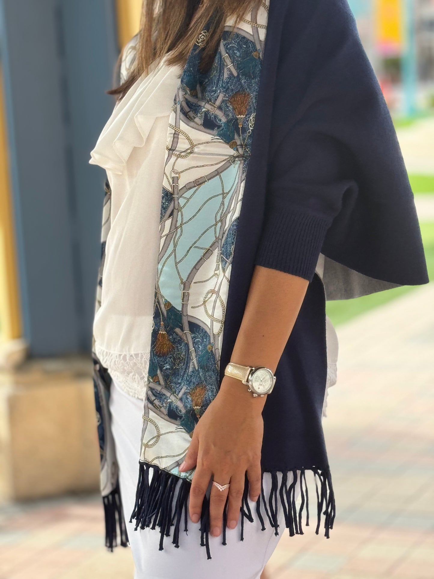 Cozy Sweater Wrap / Navy / Teal Tassel / Wholesale - Stacy Bradley Design