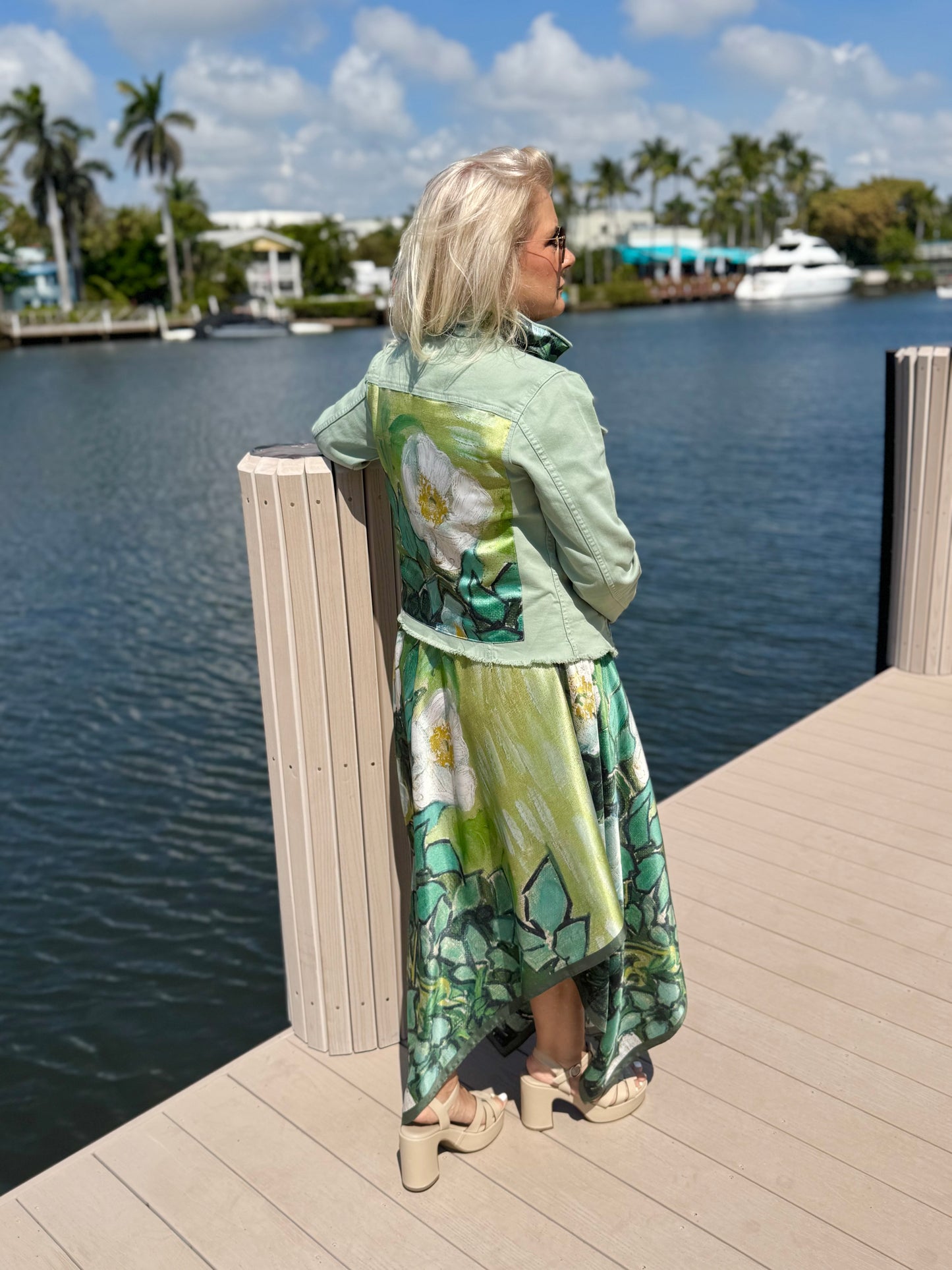 The Tea Leaf Green Denim Jacket / White Blossom