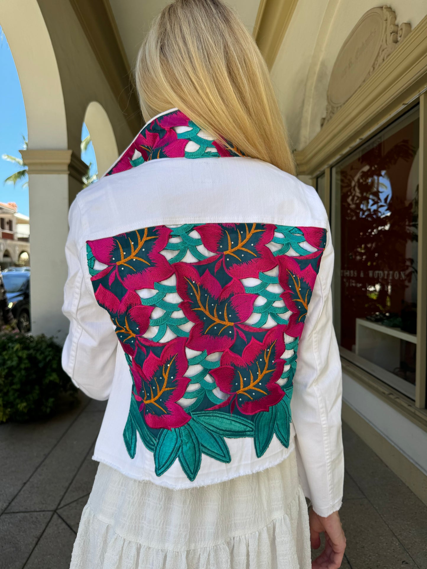 The White Denim Jacket / Fuchsia and Teal Woven Design / Wholesale - Stacy Bradley Design