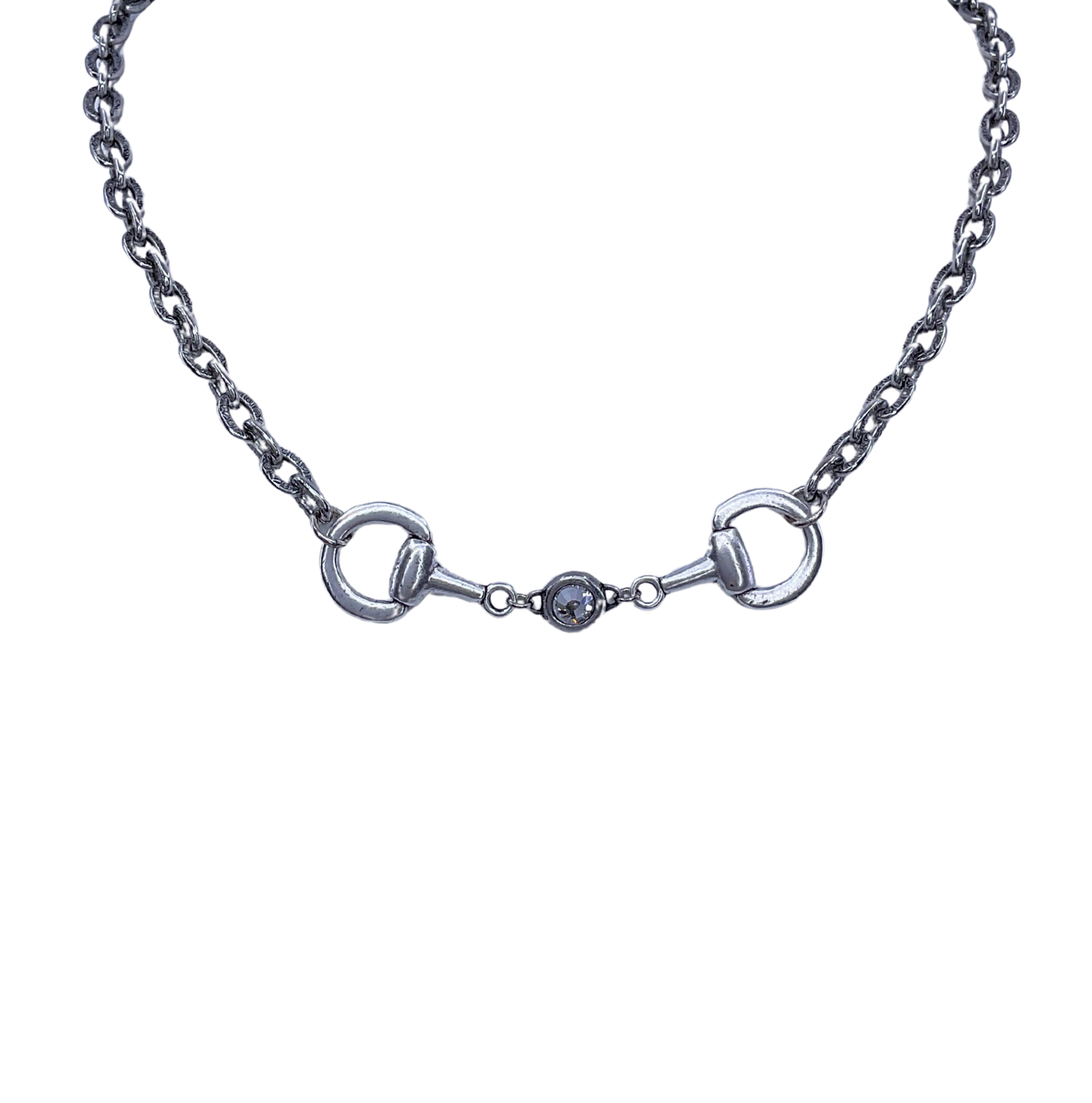 Vintage Sterling Plated Reproduction Horse Bit and Crystal Necklace