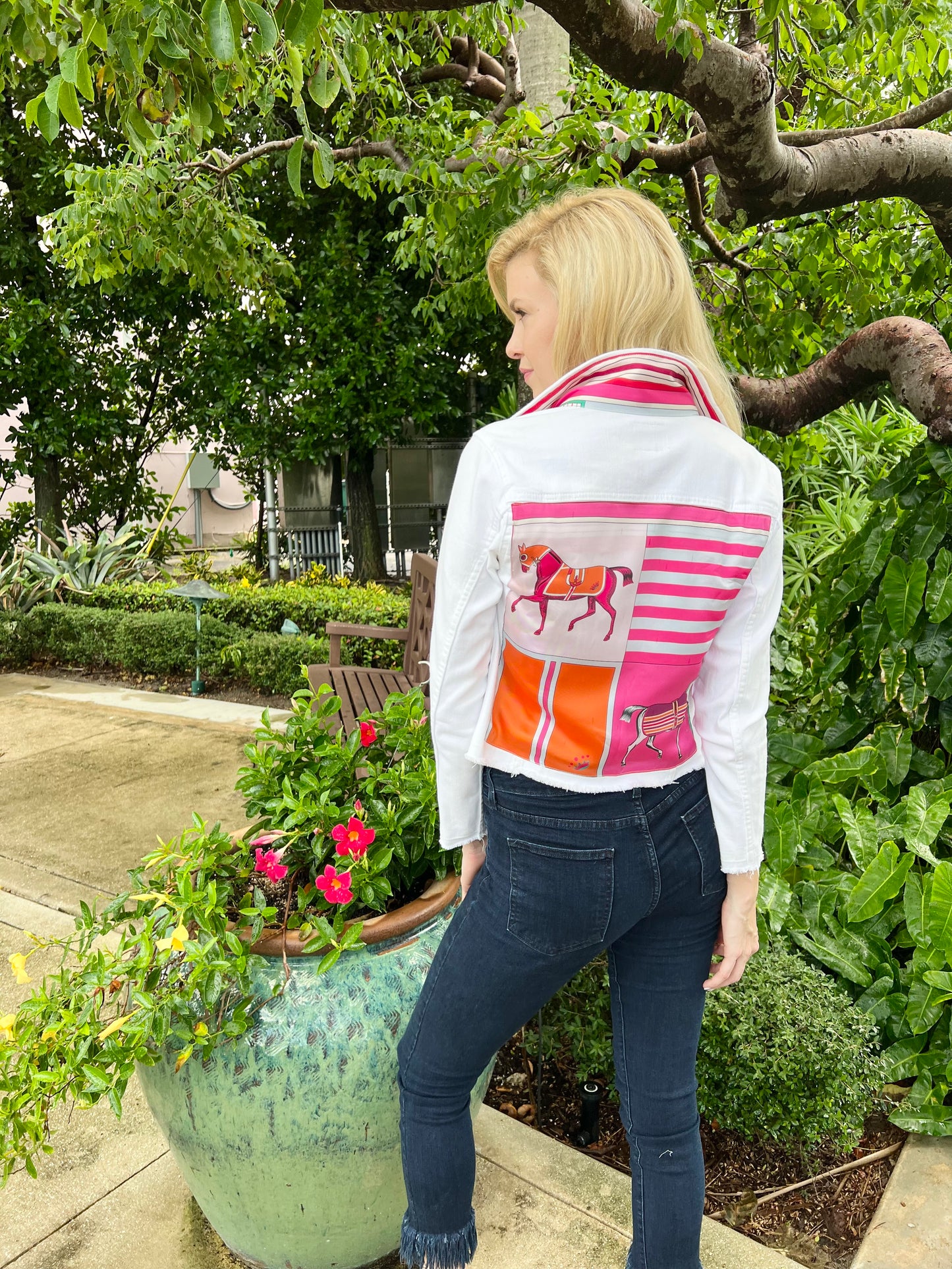 The White Denim Jacket / Pink Horse / wholesale - Stacy Bradley Design