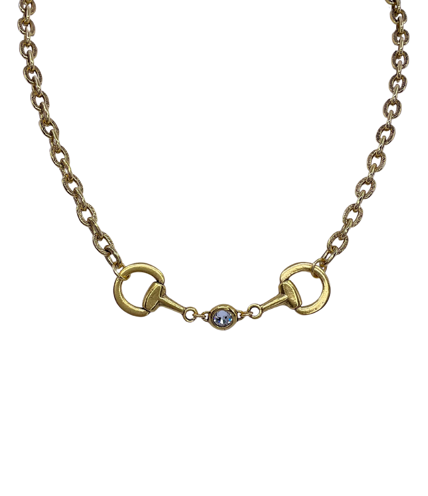 Vintage Gold Plated Reproduction Horse Bit and Crystal Necklace