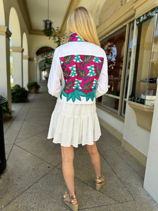 The White Denim Jacket / Fuchsia and Teal Woven Design / Wholesale - Stacy Bradley Design