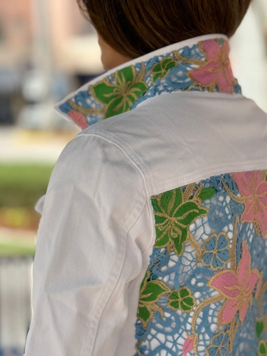 The White Denim Jacket / Woven Pink Blue and Green - Stacy Bradley Design