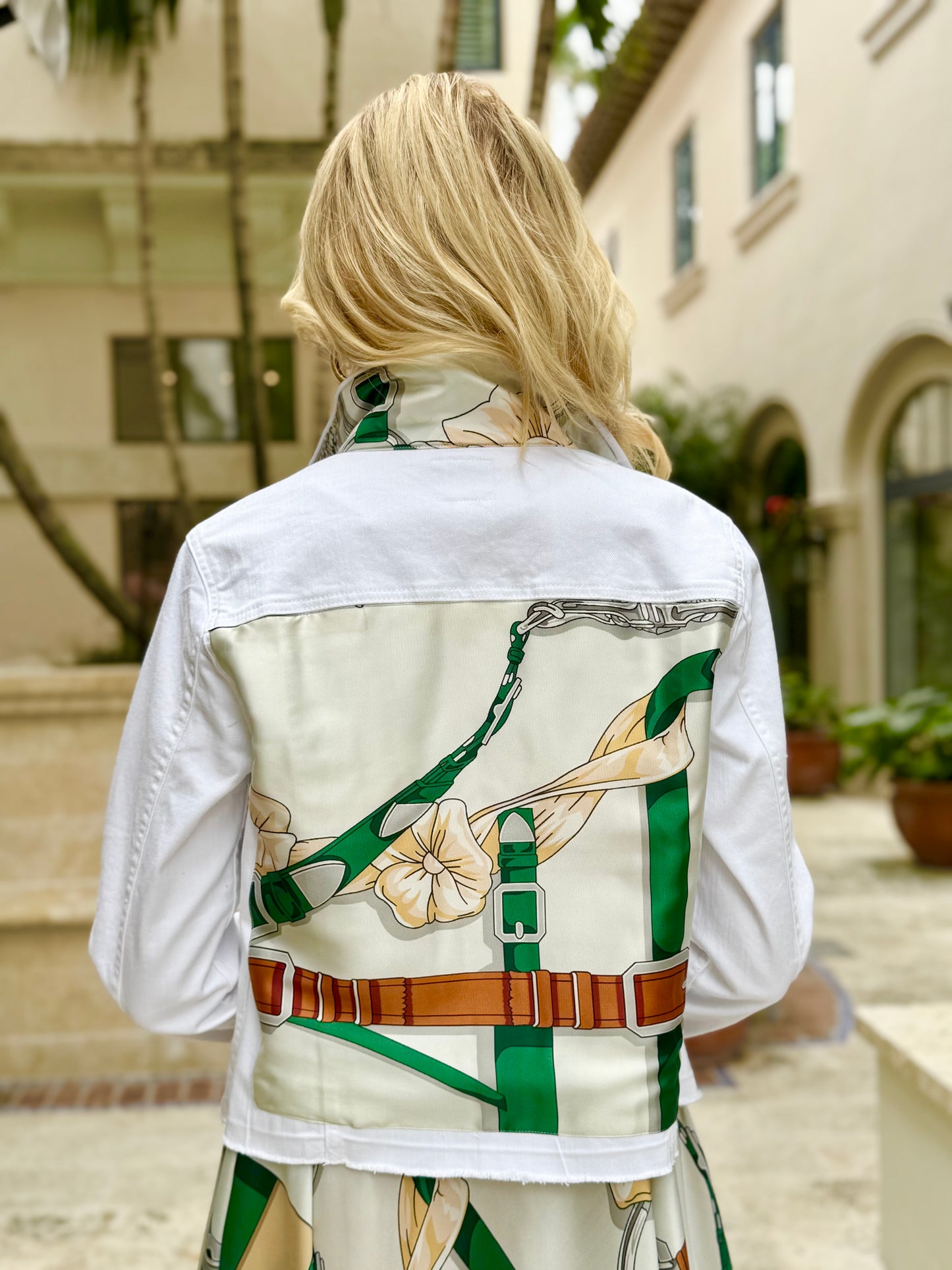 The White Denim Jacket / Green Strap and Buckle - Stacy Bradley Design