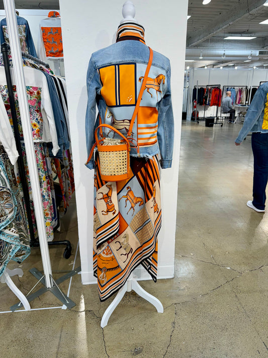 Silk Dress / Light Blue & Orange Horse - Stacy Bradley Design