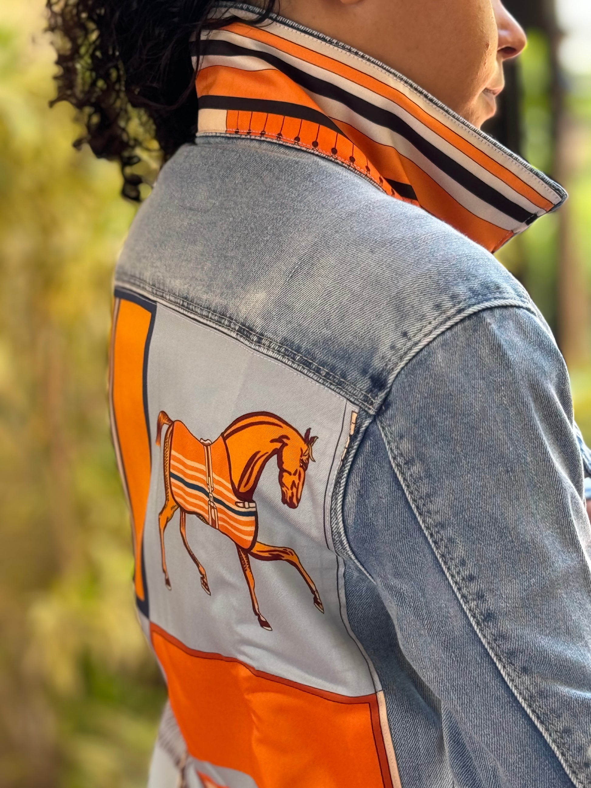 The Light  Denim Jacket /  Light Blue with Orange Horse / wholesale - Stacy Bradley Design