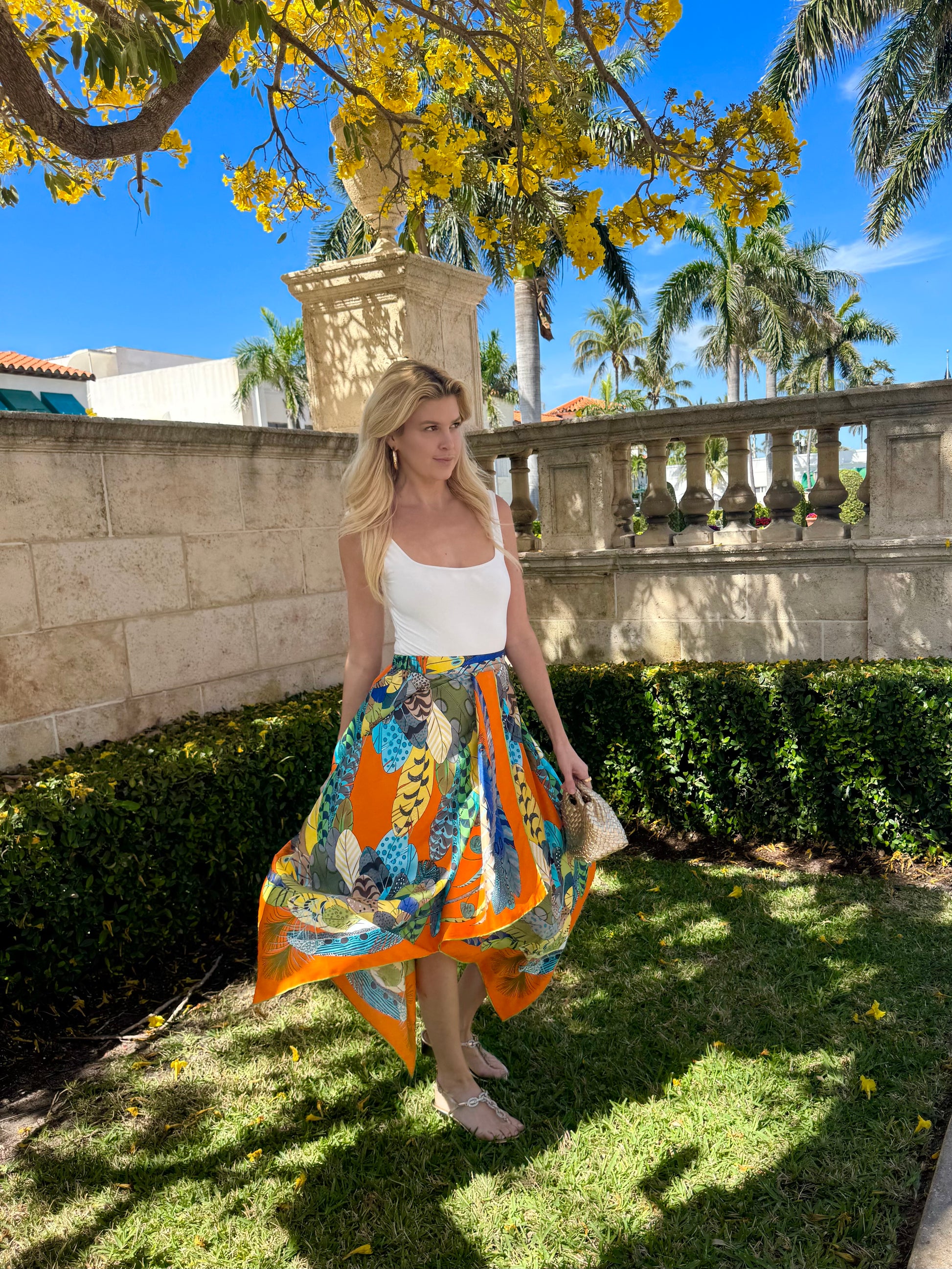 Silk Scarf Skirt / Orange Feather - Stacy Bradley Design