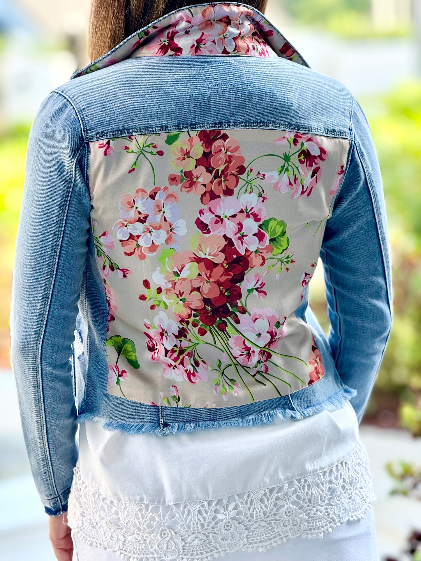 The Light Denim Jacket / Coral Flowers - Stacy Bradley Design