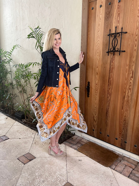 Silk Dress / Orange and Blue Bit - Stacy Bradley Design