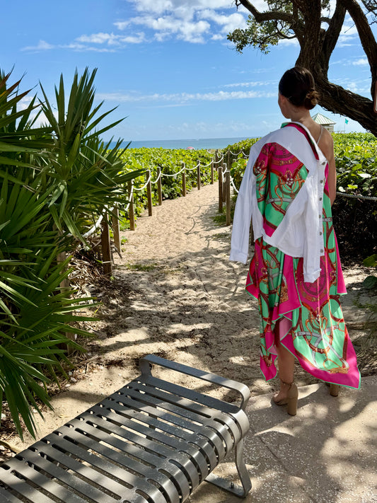 Silk Dress / Turquoise & Pink Stirrup