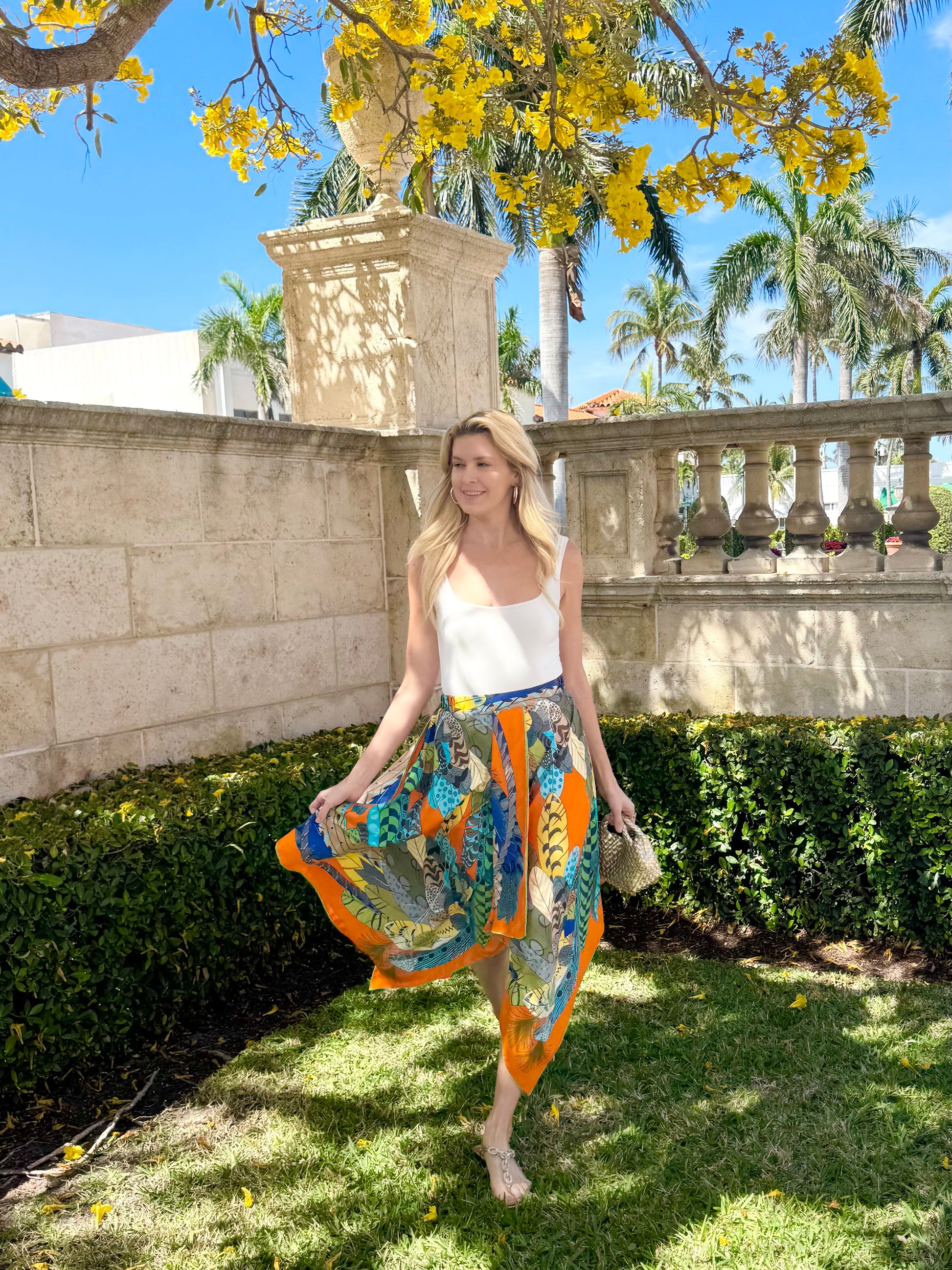 Silk Scarf Skirt / Orange Feather - Stacy Bradley Design