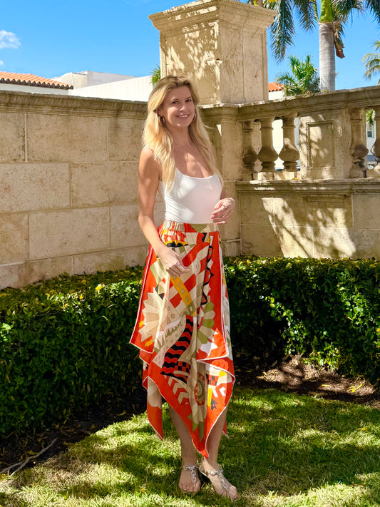 Silk Scarf Skirt / Orange and Olive Pucci - Stacy Bradley Design