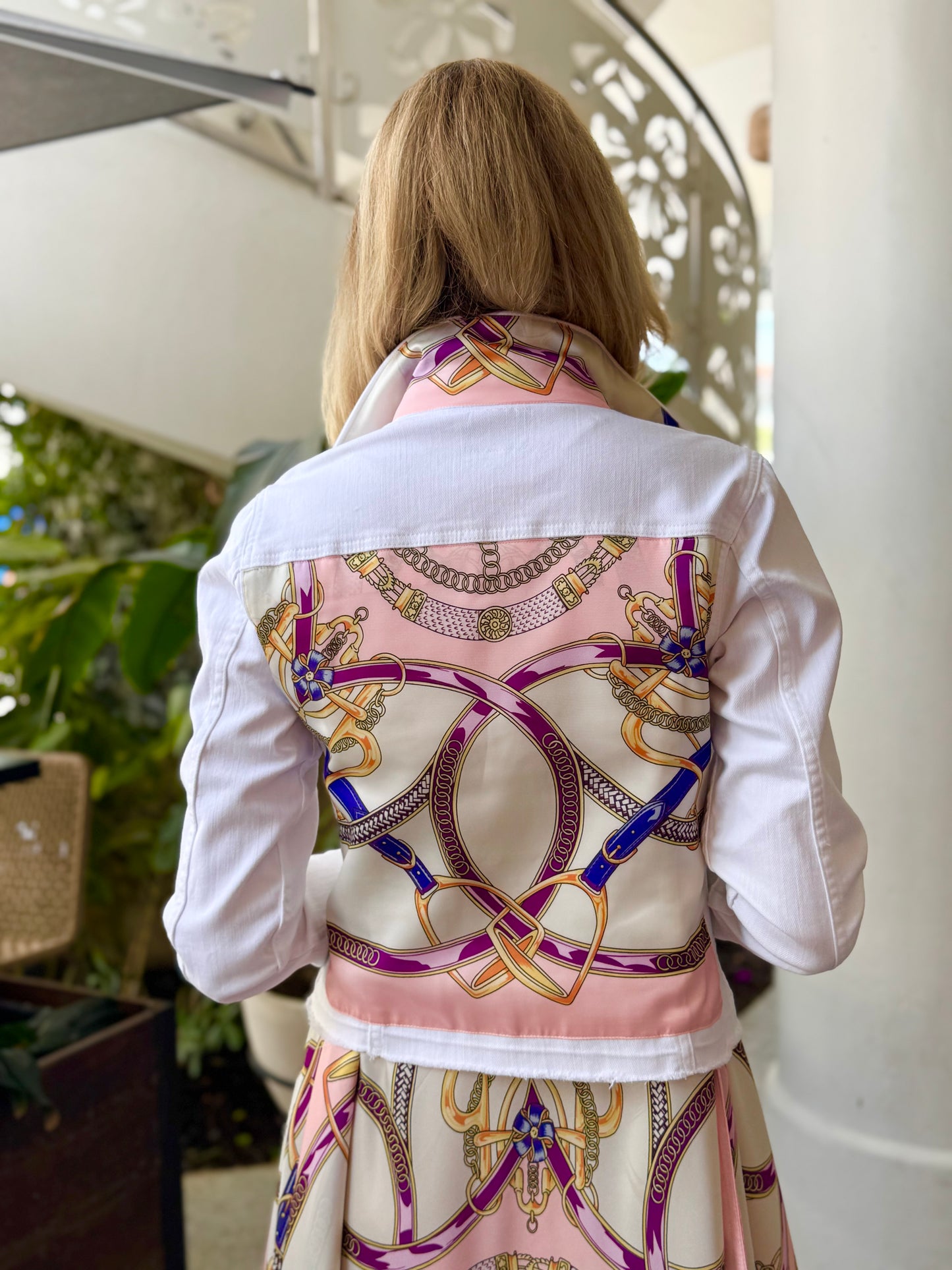 The White Denim Jacket / Purple Stirrup - Stacy Bradley Design