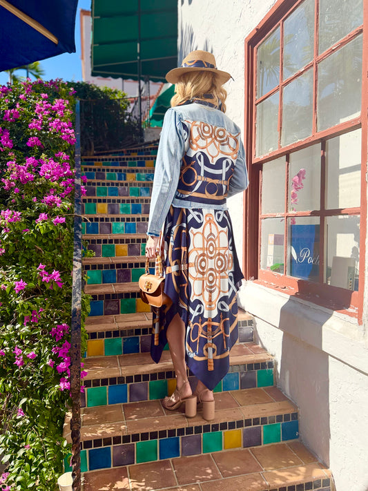 The Light Denim Jacket / Blue Motif with Straps - Stacy Bradley Design
