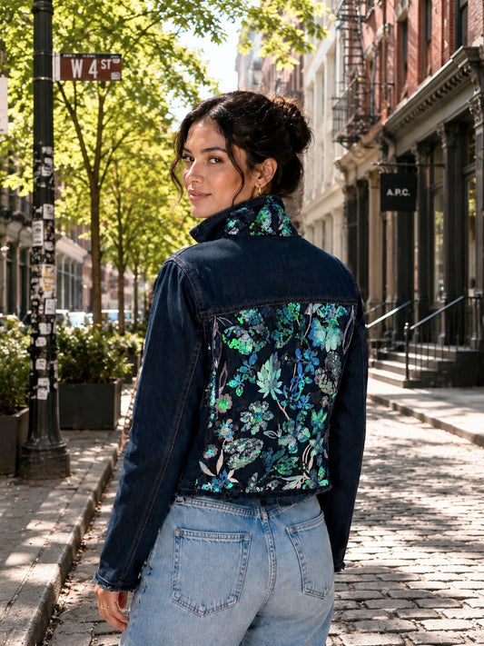 The Dark Denim Jacket / Mixed Blue and Green Sequins - Stacy Bradley Design