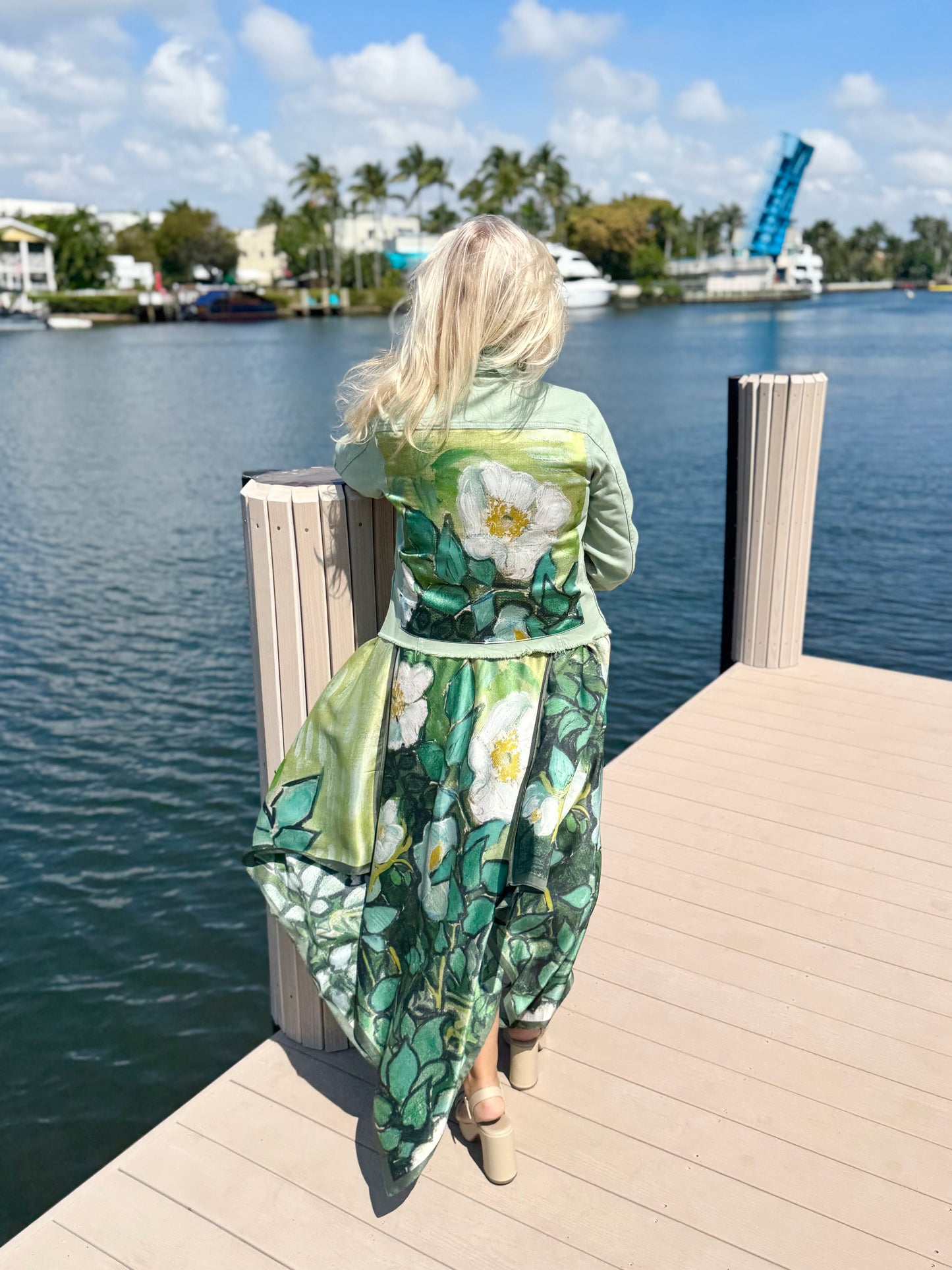 The Tea Leaf Green Denim Jacket / White Blossom