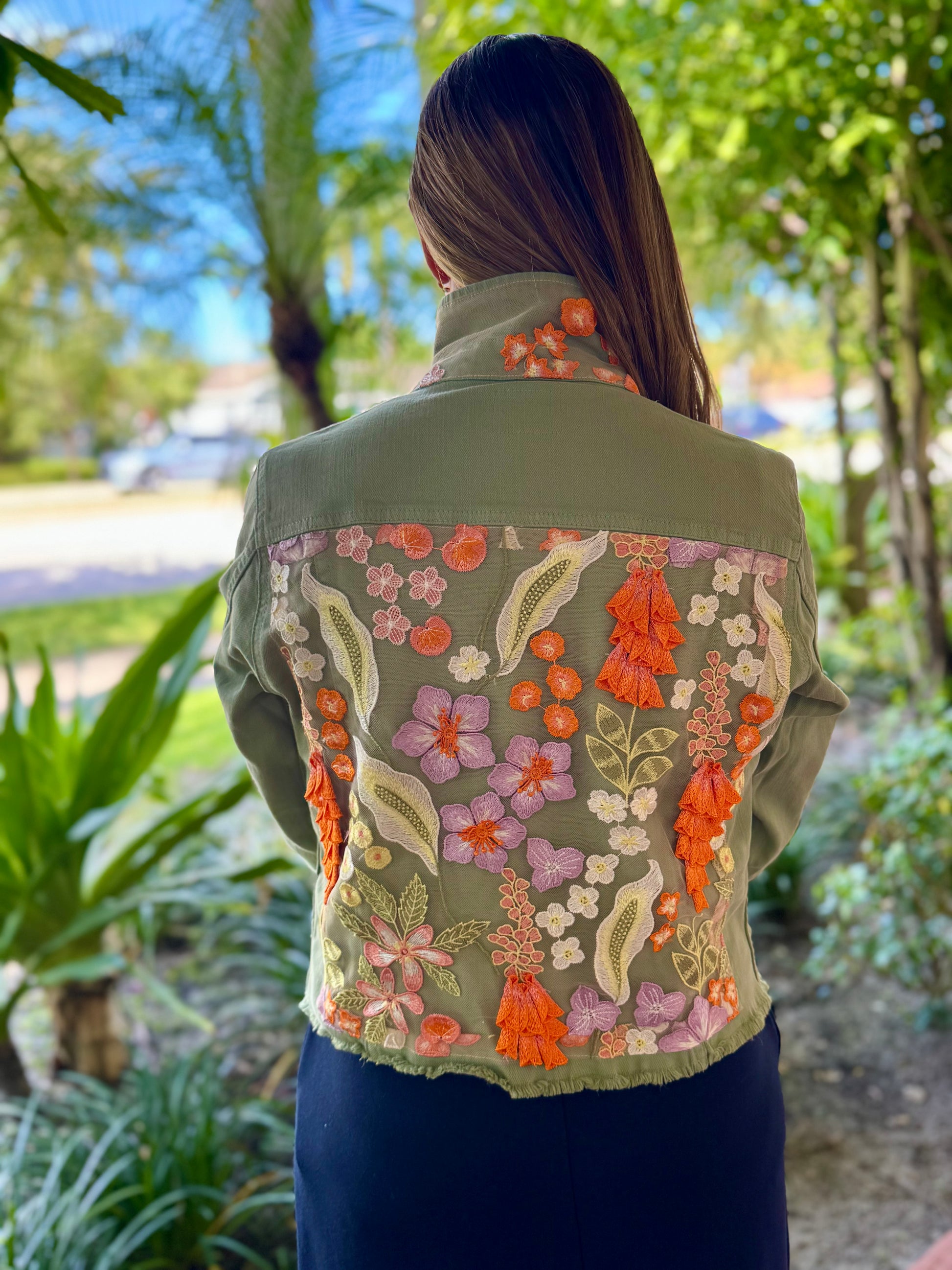 The Tea Leaf Green Denim Jacket / Orange Blossom - Stacy Bradley Design
