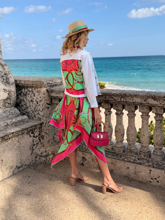 The White Denim Jacket / Turquoise & Pink Stirrup