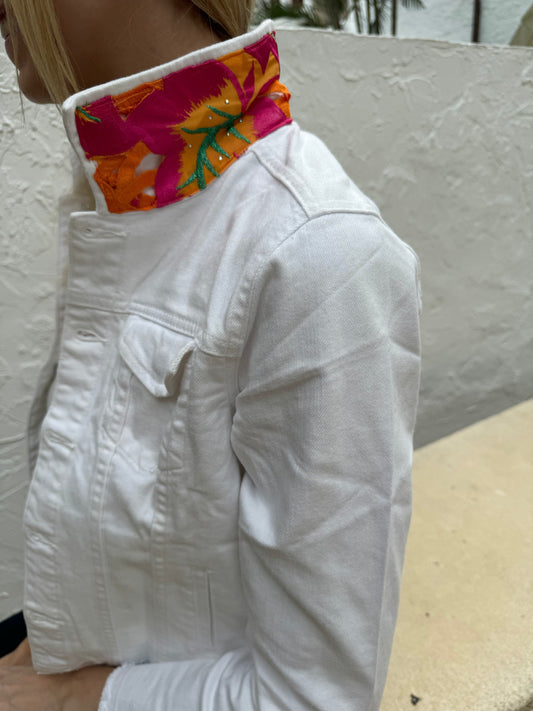 The White Denim Jacket / orange and Pink Woven Design / Wholesale - Stacy Bradley Design