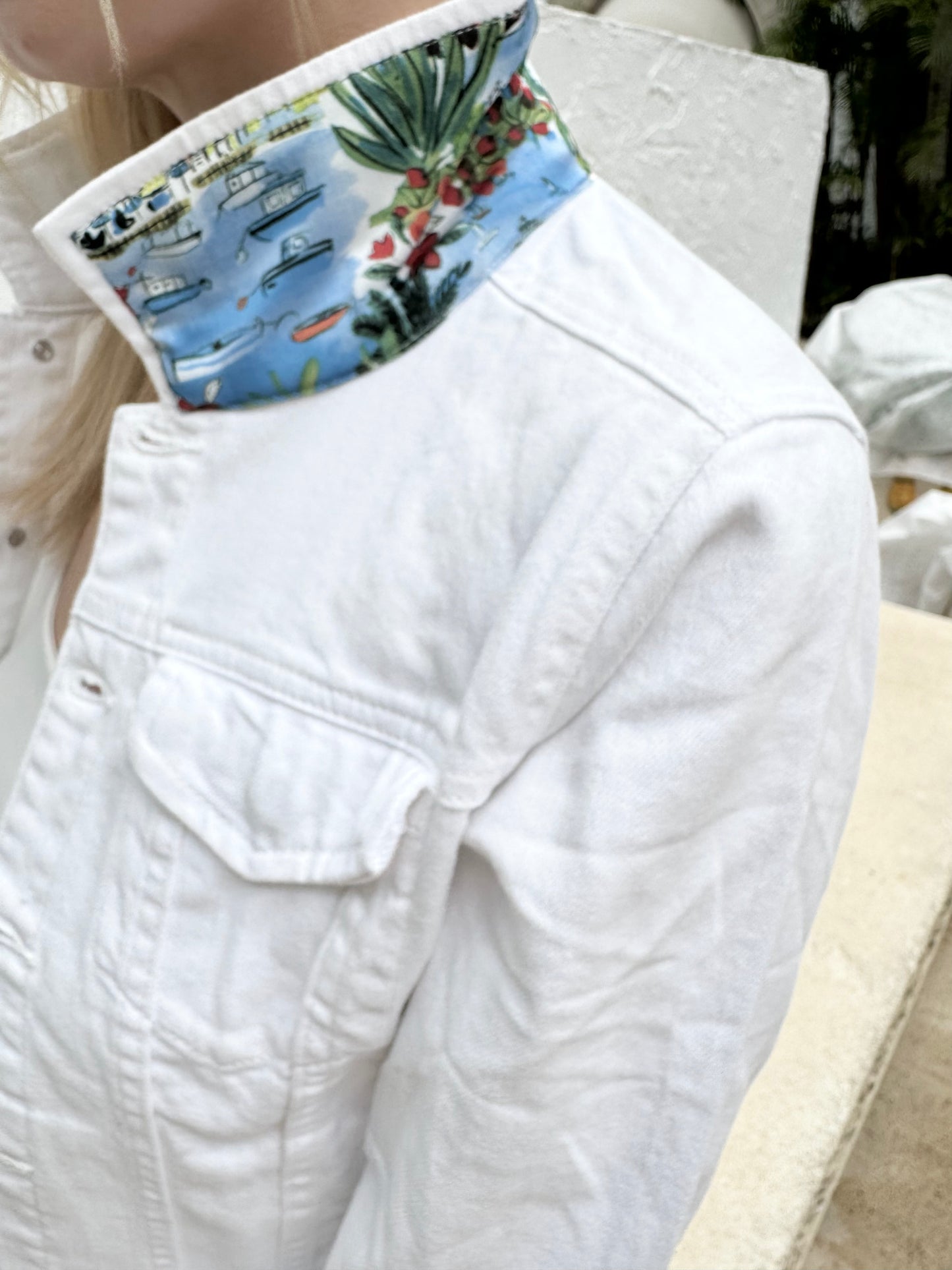 The White Denim Jacket / Tropical Island / Wholesale - Stacy Bradley Design