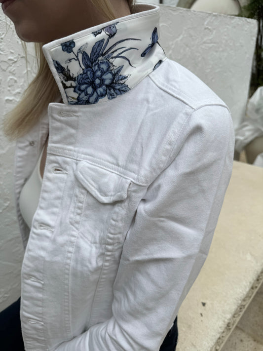 The White Denim Jacket / Adore Blue Butterflies - Stacy Bradley Design