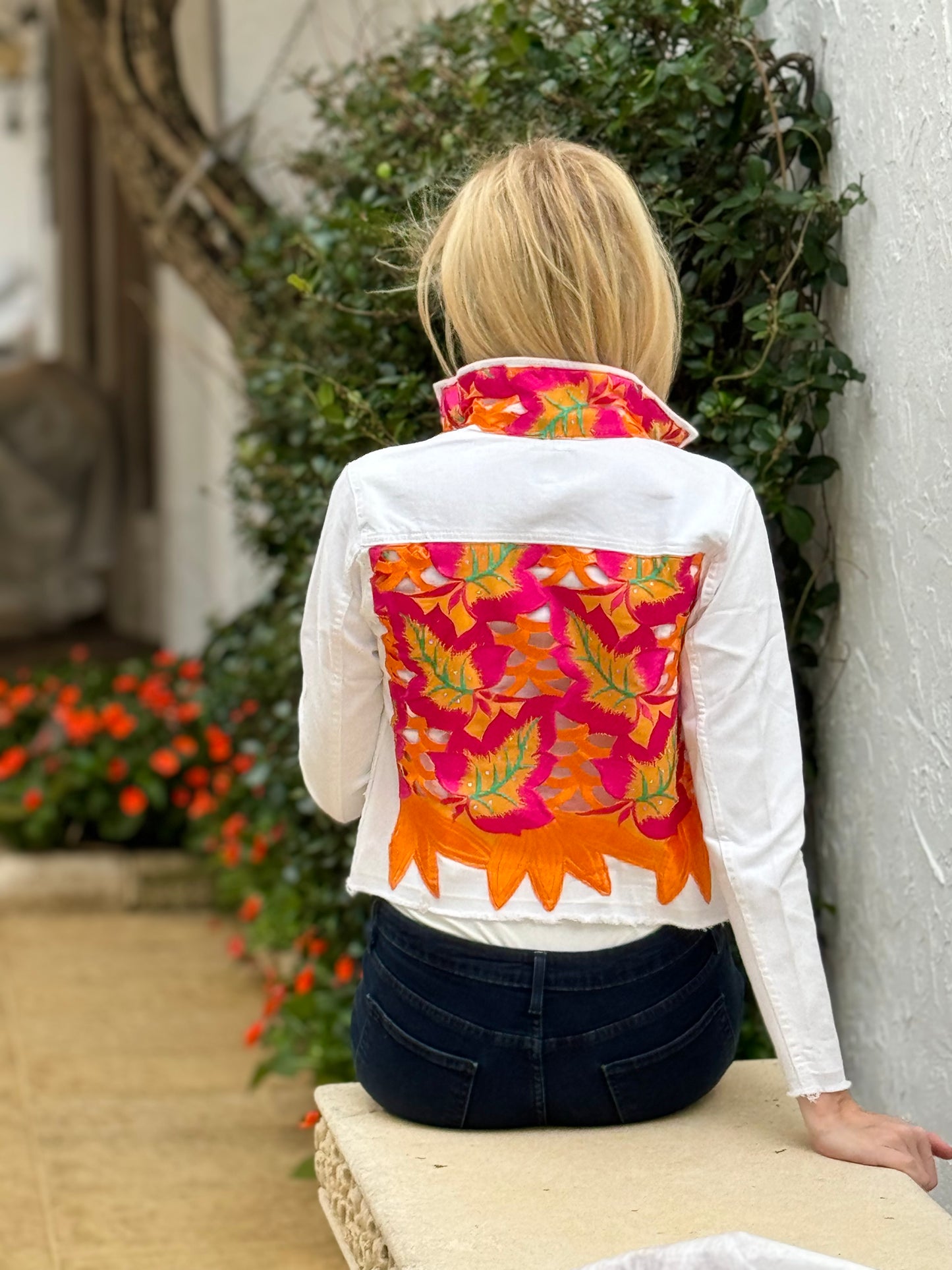 The White Denim Jacket / orange and Pink Woven Design / Wholesale - Stacy Bradley Design