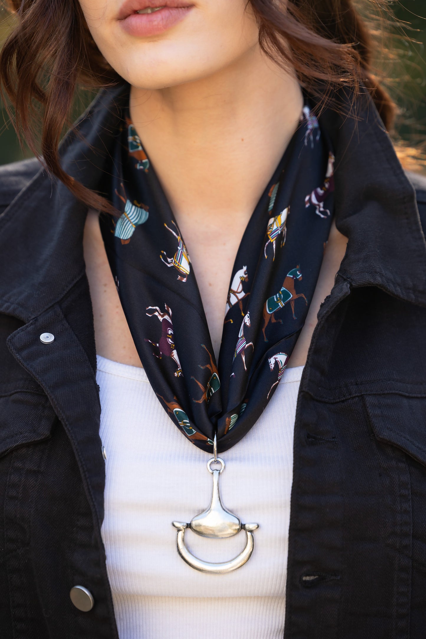 Equine Elagance 100% Silk Scarf in Jet Black with choice of Gold or Silver Metal Horse-Bit