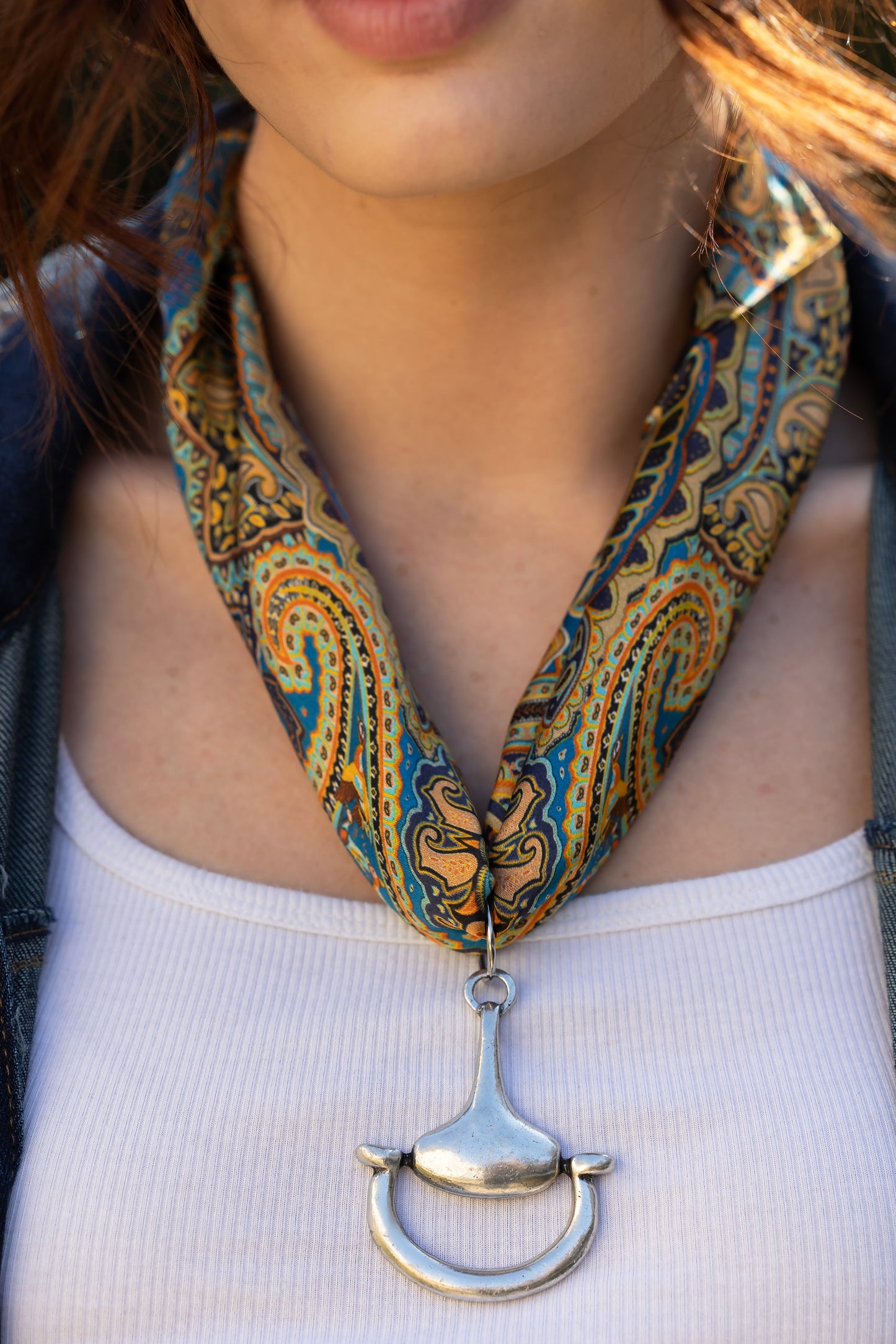 Old World Paisley 100% Silk Scarf with choice of Gold or Silver Metal Horse-Bit - Stacy Bradley Design