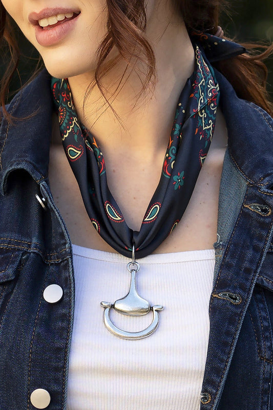 A Little Western 100% Silk Scarf in Festive with choice of Gold or Silver Metal Horse-Bit