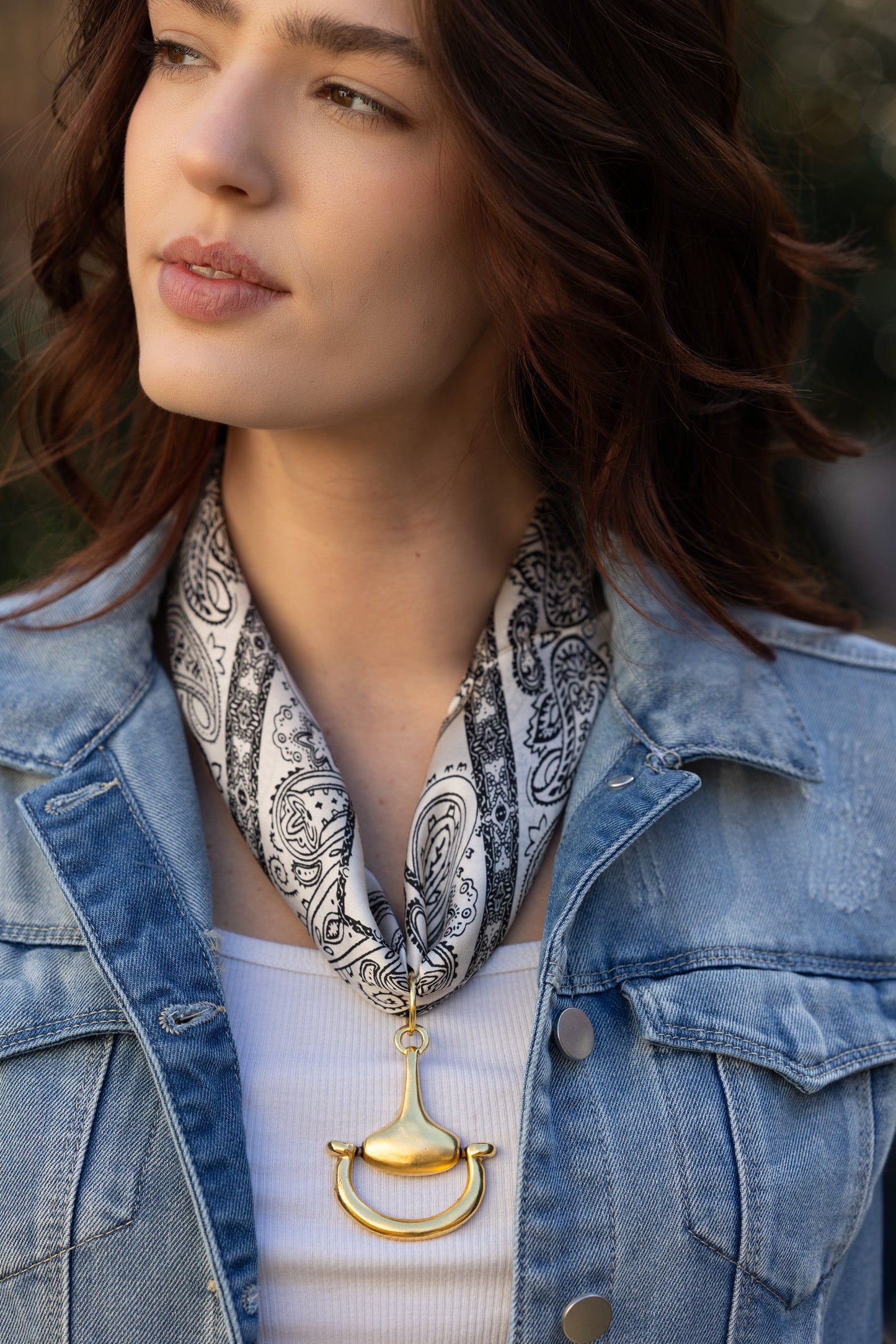 Western 100% Silk Scarf in White with choice of Gold or Silver Metal Horse-Bit - Stacy Bradley Design