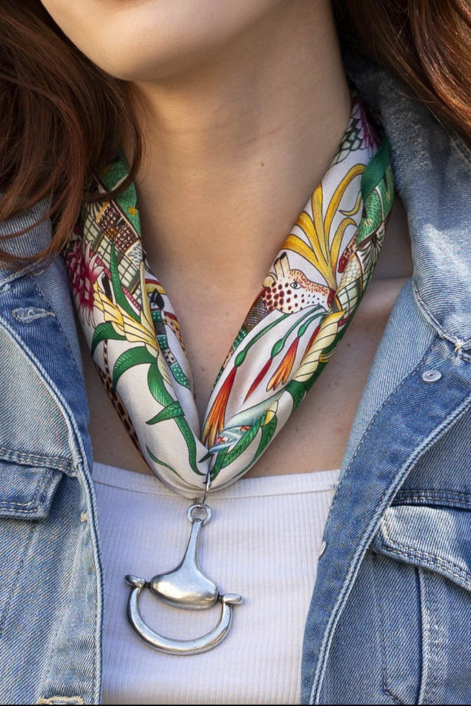 Colorful Safari 100% Silk Scarf in with choice of Gold or Silver Metal Horse-Bit - Stacy Bradley Design
