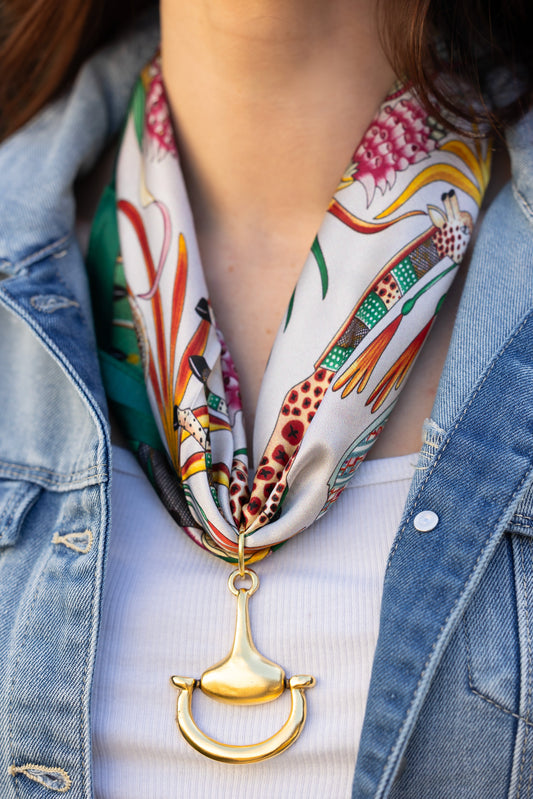Colorful Safari 100% Silk Scarf in with choice of Gold or Silver Metal Horse-Bit