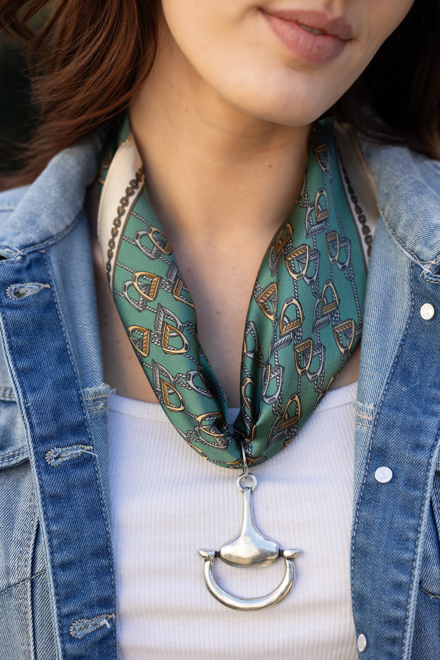 Lots of Stirrups 100% Silk Scarf in Green with choice of Gold or Silver Metal Horse-Bit - Stacy Bradley Design