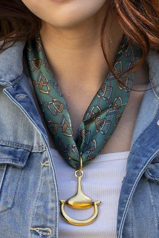 Lots of Stirrups 100% Silk Scarf in Green with choice of Gold or Silver Metal Horse-Bit