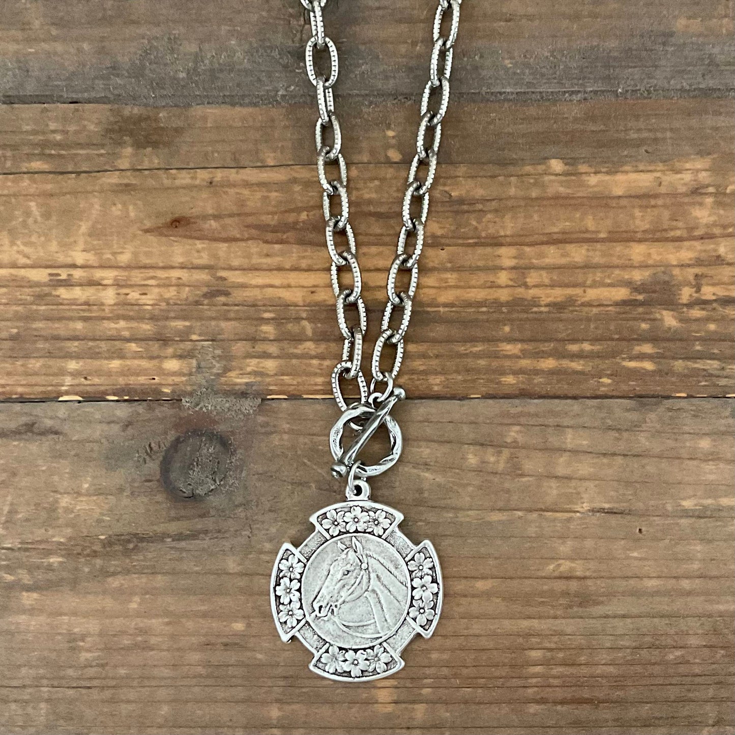 Vintage Silver 18" Chain and Toggle With Reproduction Silver Horse Flower Pendant