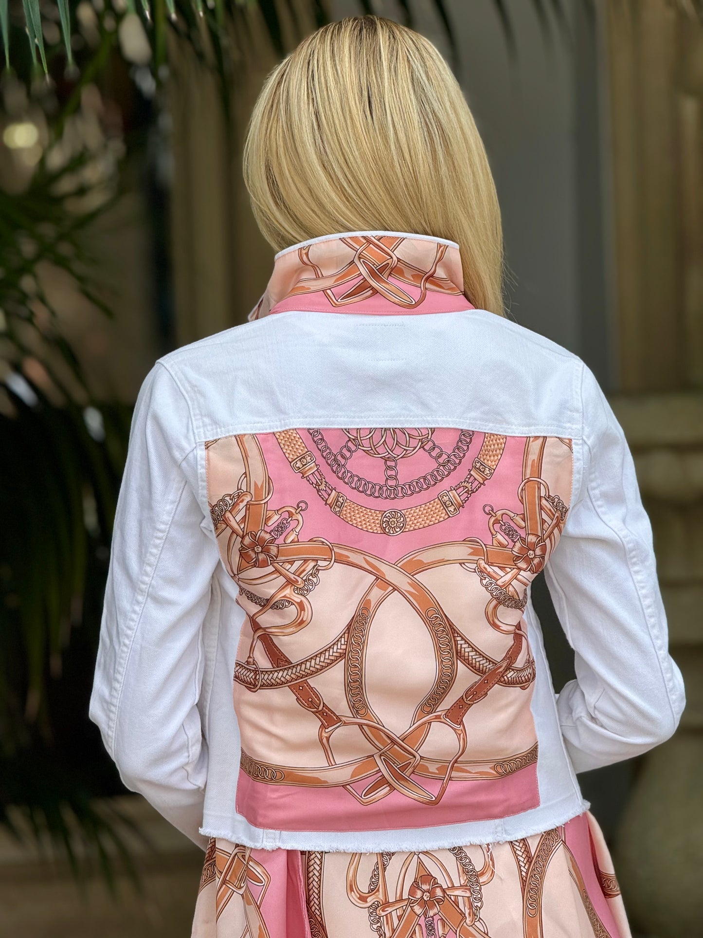 The White Denim Jacket / Pink Stirrup - Stacy Bradley Design