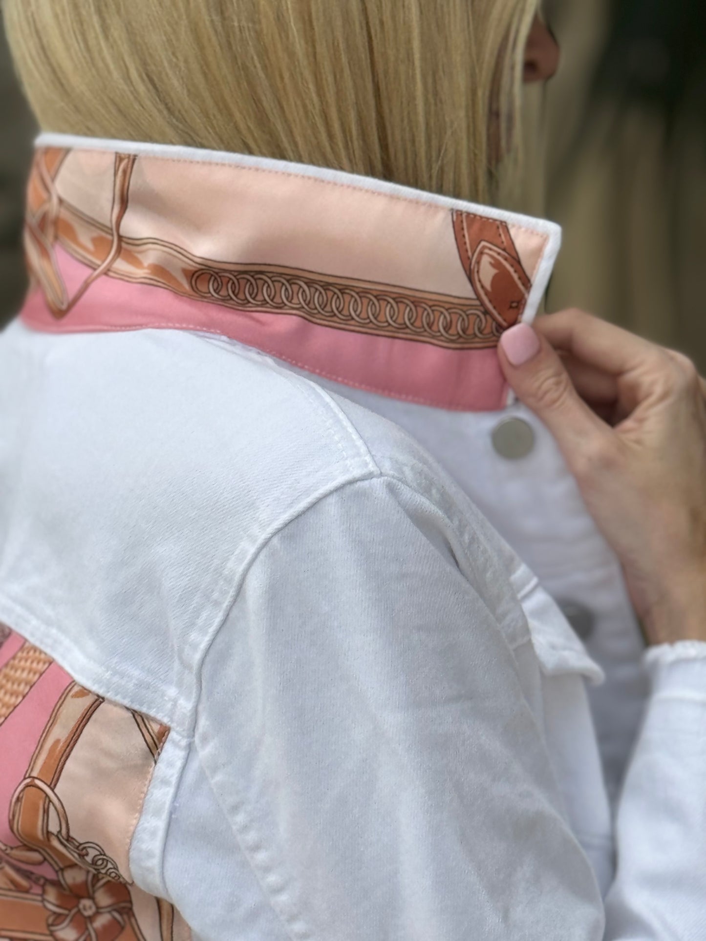 The White Denim Jacket / Pink Stirrup - Stacy Bradley Design