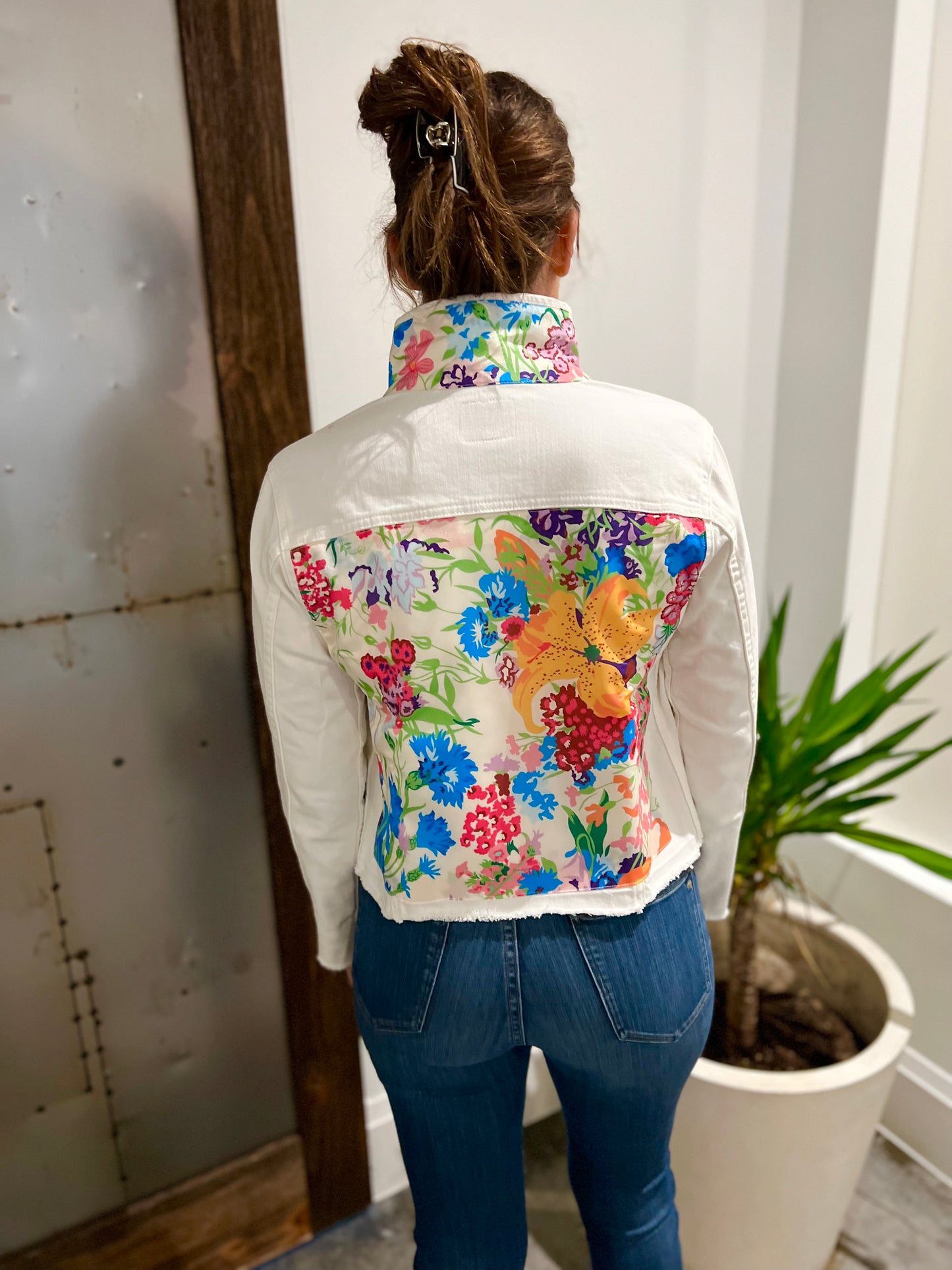 The White Denim Jacket / Designer Inspired Flowers / Wholesale - Stacy Bradley Design