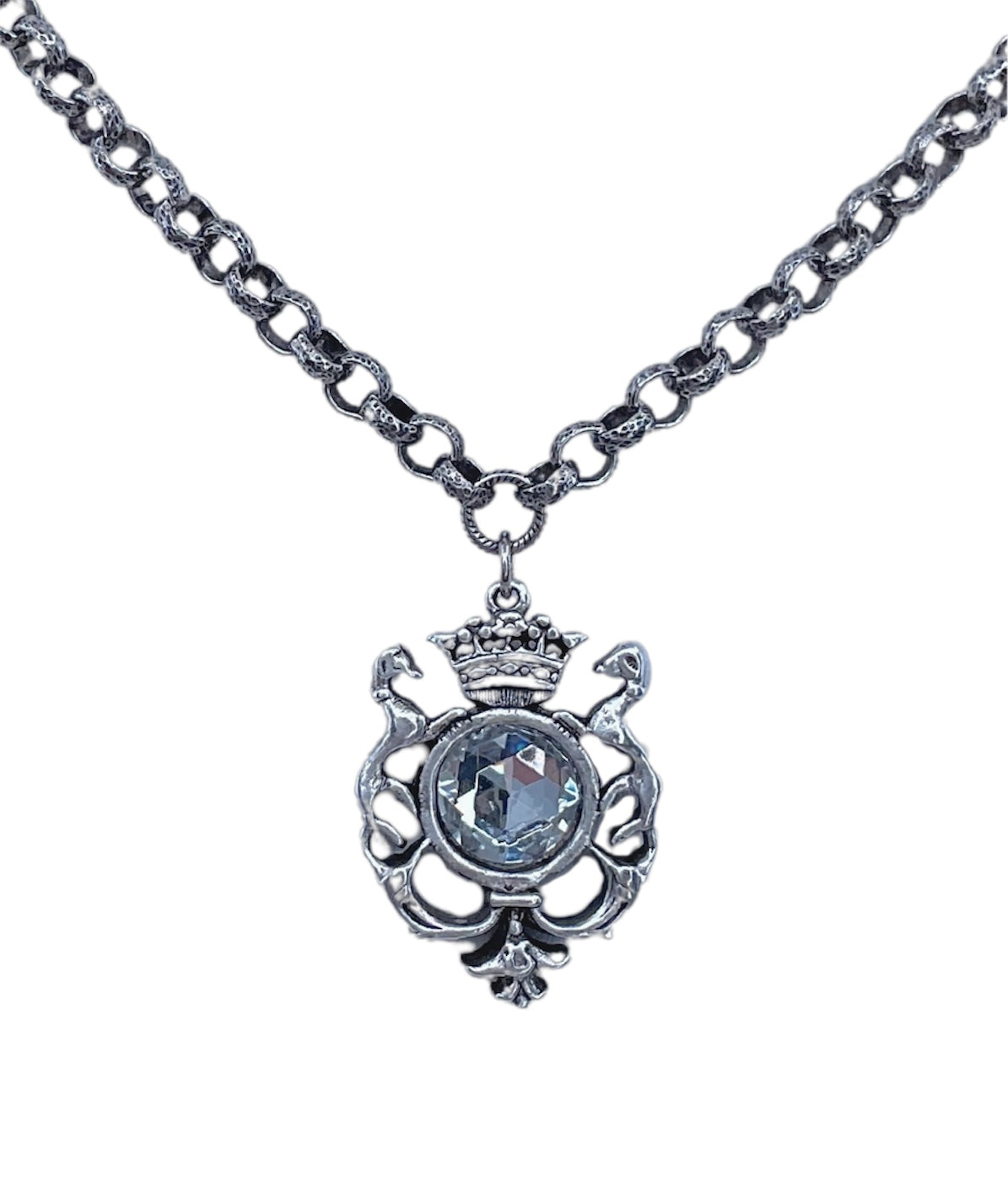Sterling plated 17" Chain with Repurposed herladic and vintage Swarovski crystal pendant