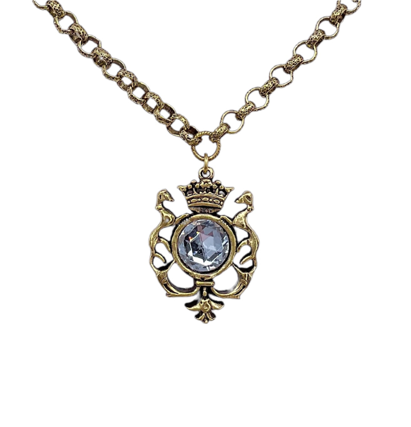 Gold plated 17" Chain with Repurposed Heraldic and vintage Swarovski crystal pendant - Stacy Bradley Design