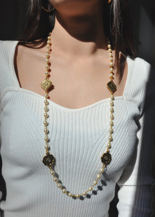 Vintage Reproduction Gold Charm & Pearl Necklace