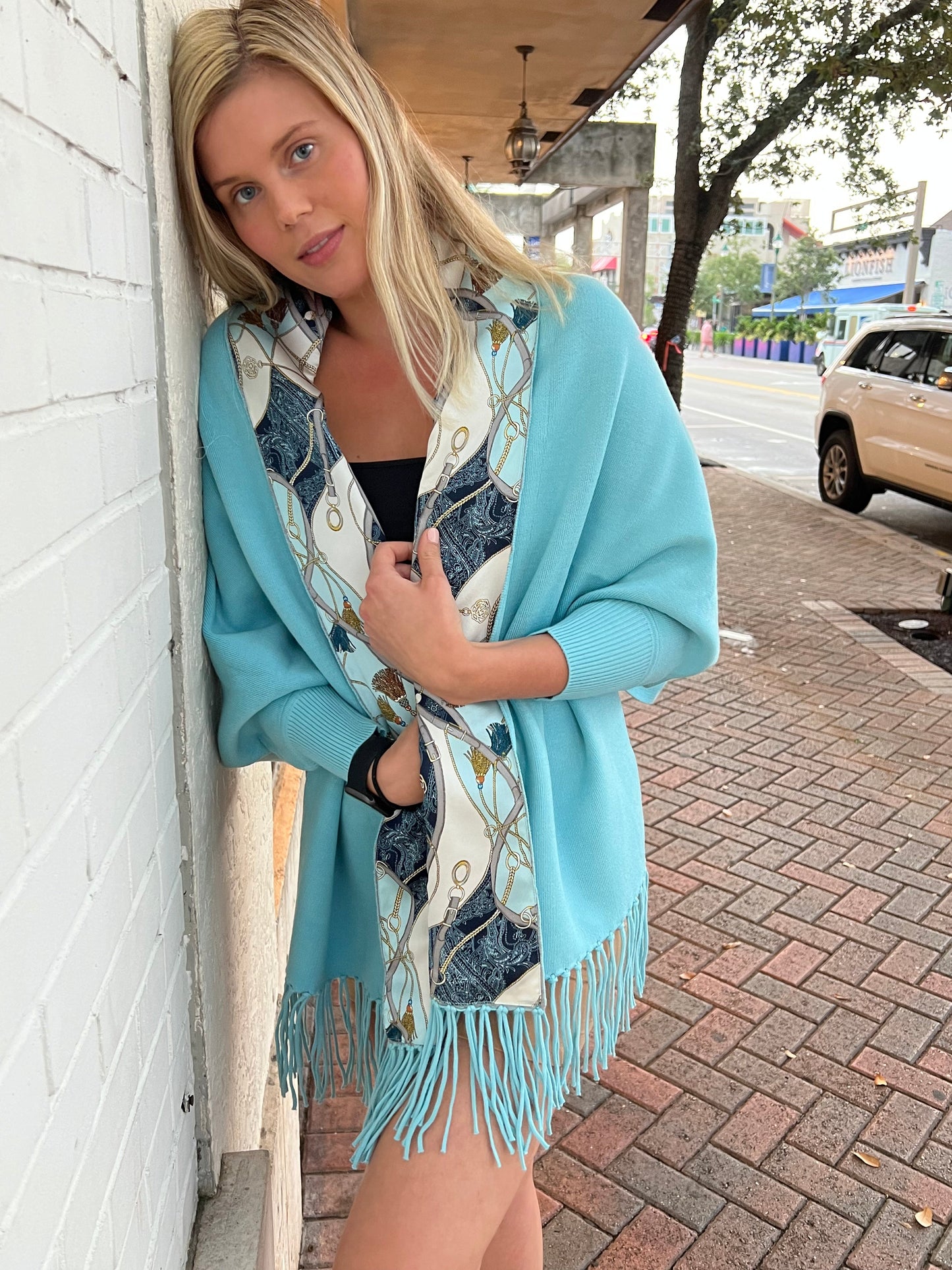 Cozy Sweater Wrap / Teal Tassel