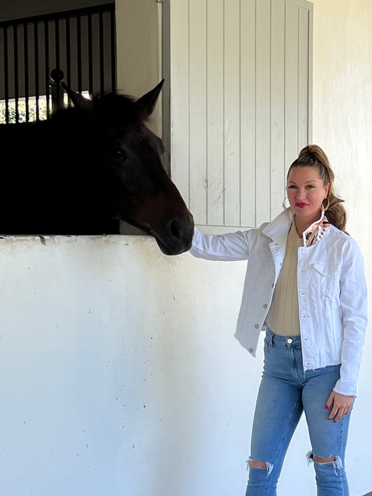 The White Denim Jacket / Designer Horse with Straps - Stacy Bradley Design