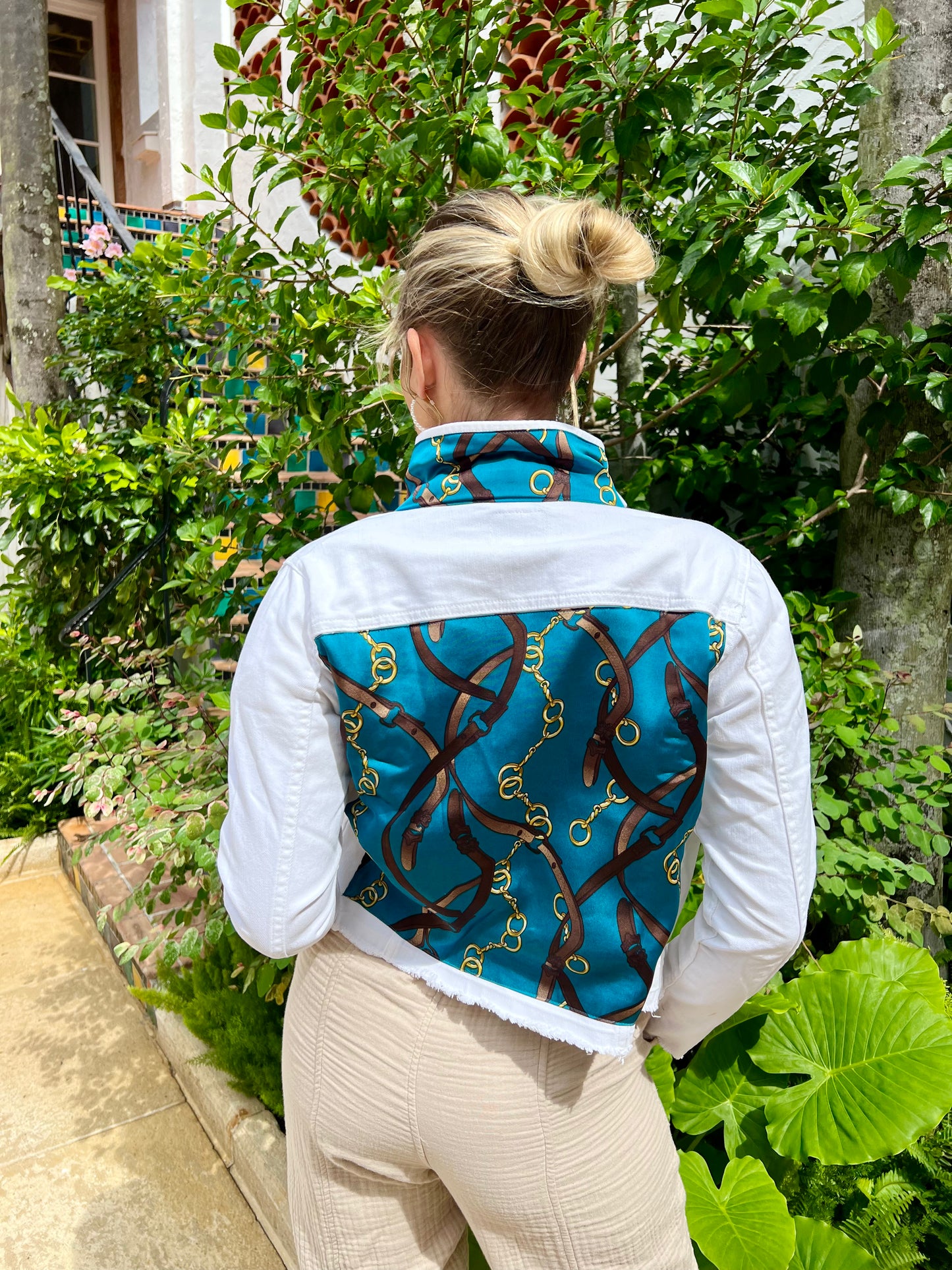 The White Denim Jacket / Gold Bits and Straps / Teal / Wholesale - Stacy Bradley Design