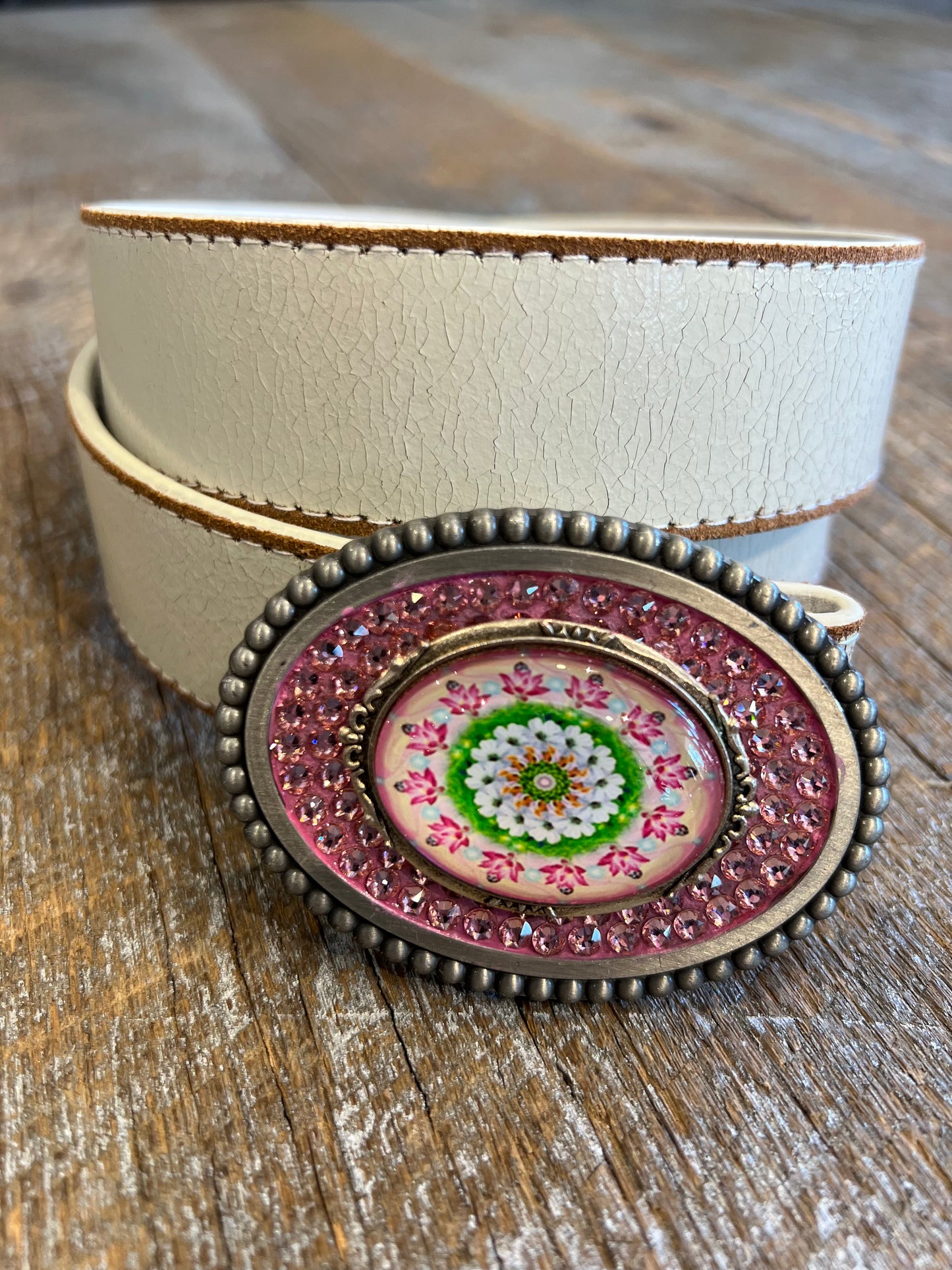Belt Buckle / Cabochon Pink and Green / Light Pink Swarovski Crystals - Stacy Bradley Design