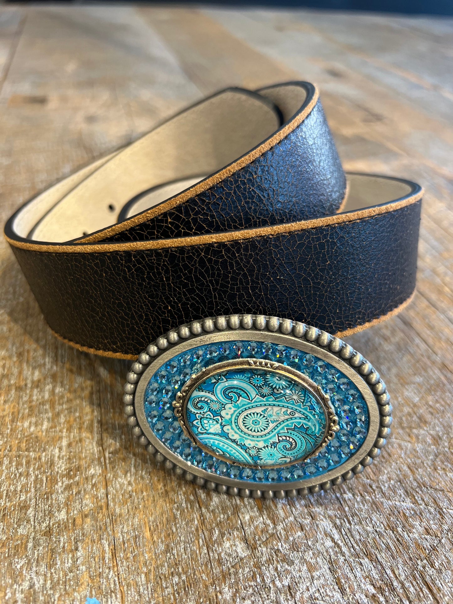 Belt Buckle / Cabochon Paisley Blue / Swarovski Crystals - Stacy Bradley Design
