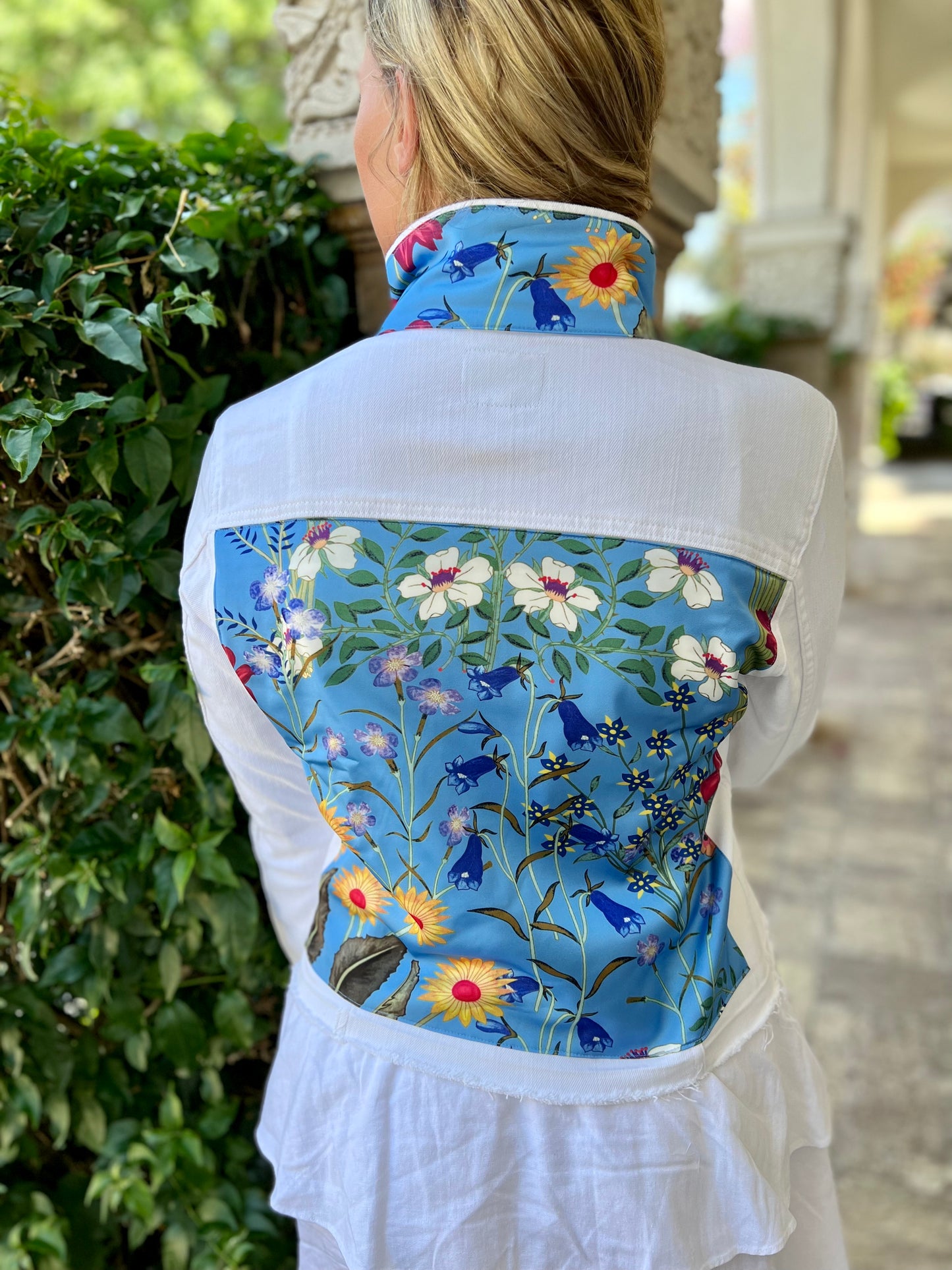 The White Denim Jacket / Periwinkle Garden / Wholesale - Stacy Bradley Design